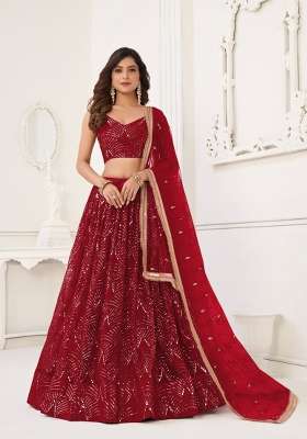 Red Embroidery Net Lehenga Set for Diwali and Festive Wear