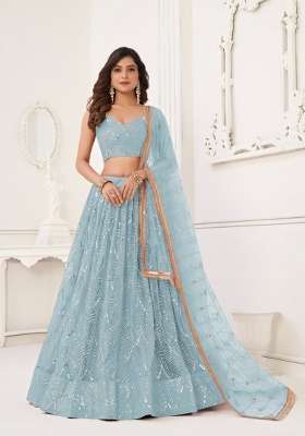 Sky Blue Net Lehenga Set with Embroidery for Diwali | Wedding & Festive Wear