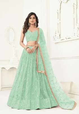 Light Green Embroidery Net Lehenga Set for Diwali and Festive Wear