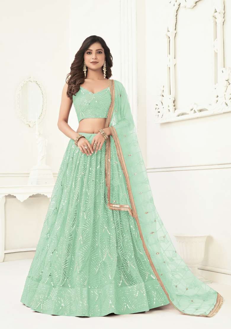 Light Green Embroidery Net Lehenga Set for Diwali and Festive Wear - Indya