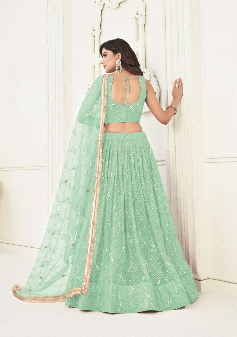 Light Green Embroidery Net Lehenga Set for Diwali and Festive Wear - Indya