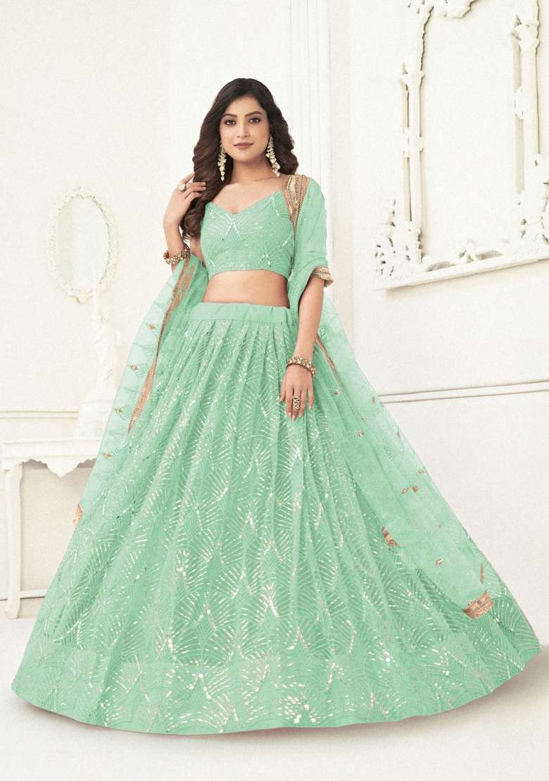 Light Green Embroidery Net Lehenga Set for Diwali and Festive Wear - Indya