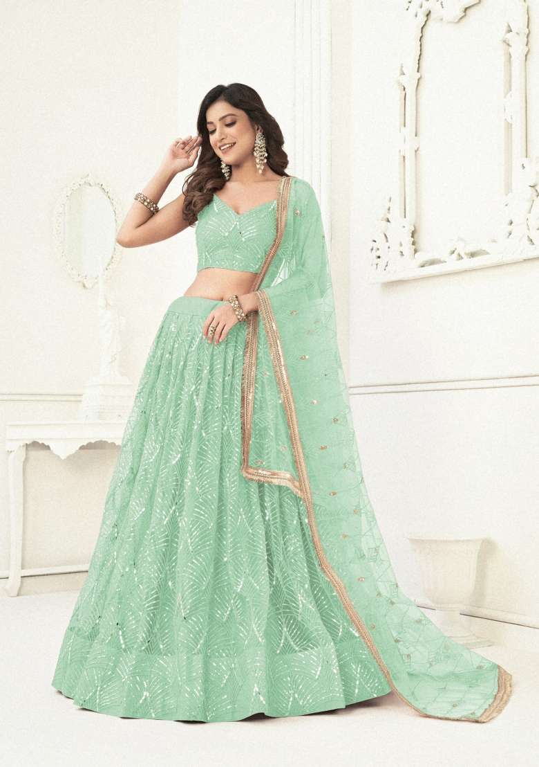 Light Green Embroidery Net Lehenga Set for Diwali and Festive Wear - Indya
