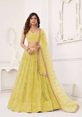 Light Yellow Net Lehenga Set with Embroidery for Diwali | Wedding & Festive Wear