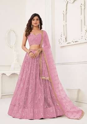 Baby Pink Net Lehenga Set with Embroidery for Diwali | Wedding & Festive Wear
