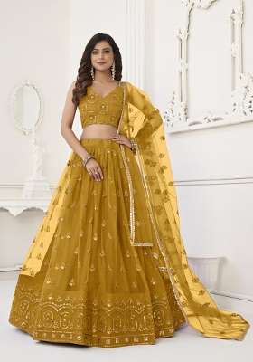 Mustard Net Lehenga Set with Embroidery for Diwali | Wedding & Festive Wear