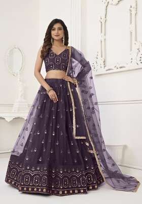 Light Wine Embroidery Net Lehenga Set for Diwali and Festive Wear