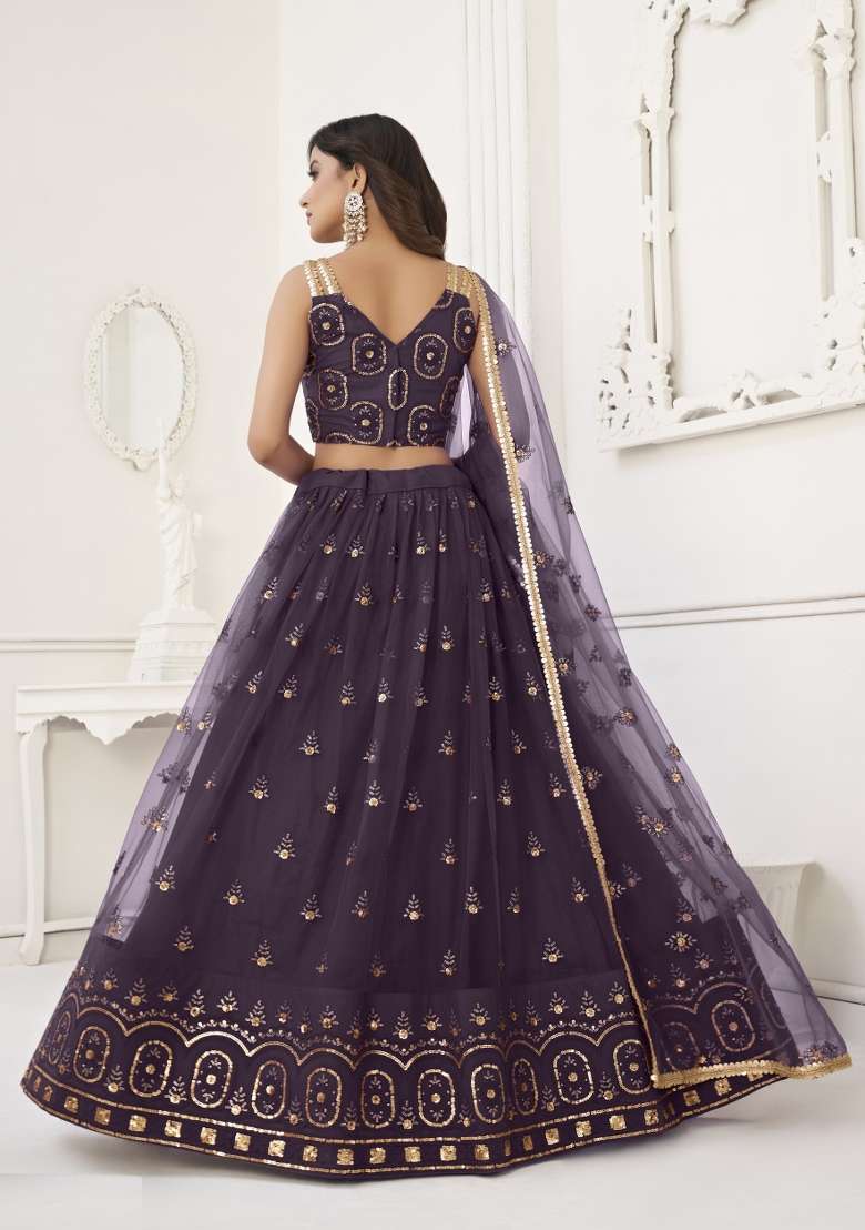 Light Wine Embroidery Net Lehenga Set for Diwali and Festive Wear - Indya