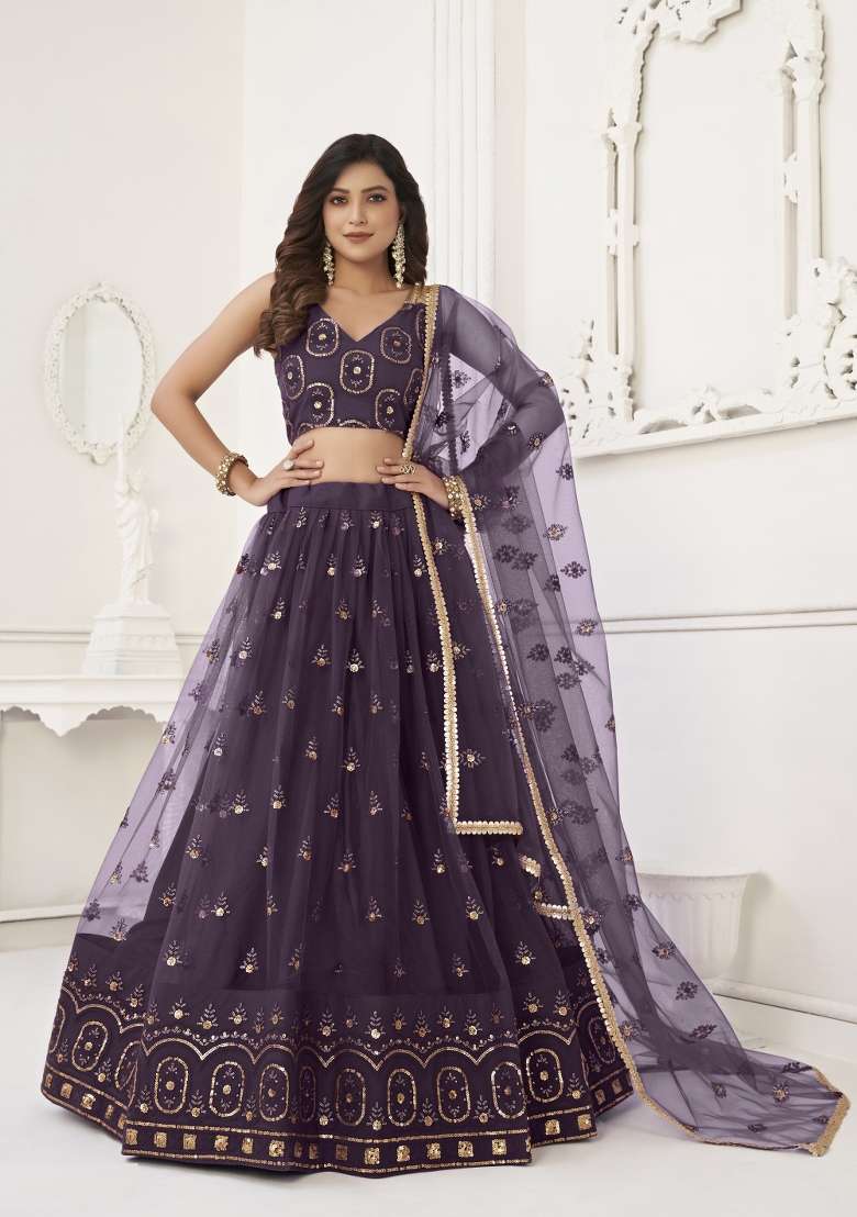 Light Wine Embroidery Net Lehenga Set for Diwali and Festive Wear - Indya