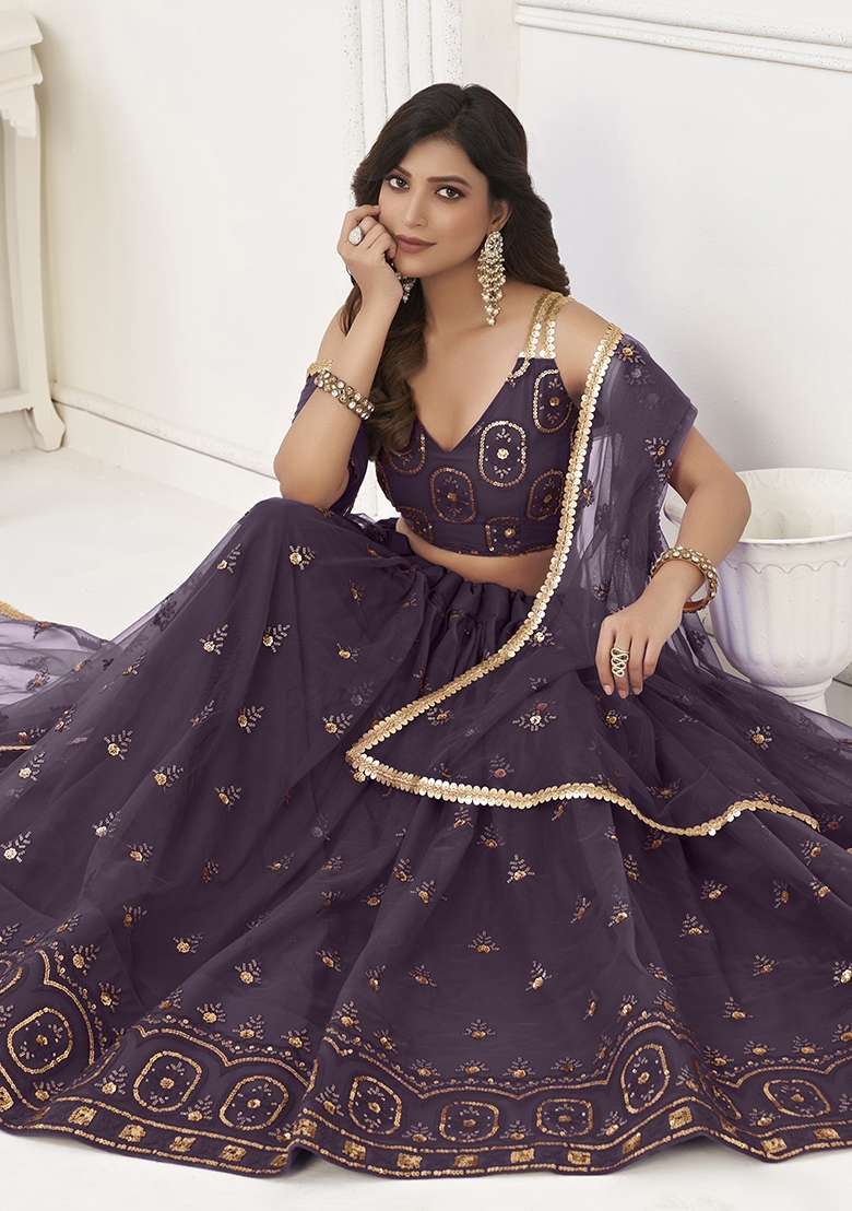 Light Wine Embroidery Net Lehenga Set for Diwali and Festive Wear - Indya