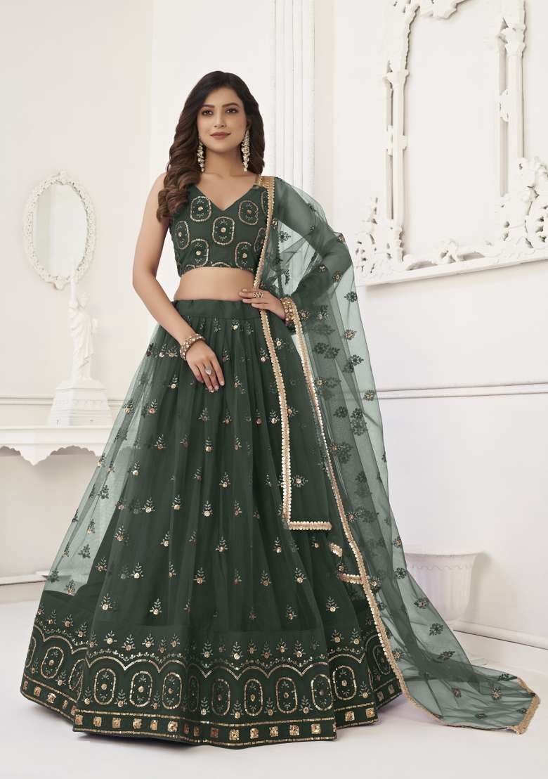 Dark Green Net Lehenga Set with Embroidery for Diwali | Wedding & Festive Wear - Indya