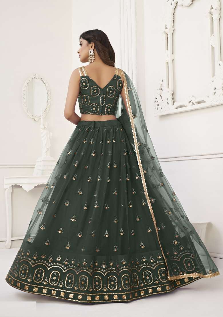 Dark Green Net Lehenga Set with Embroidery for Diwali | Wedding & Festive Wear - Indya