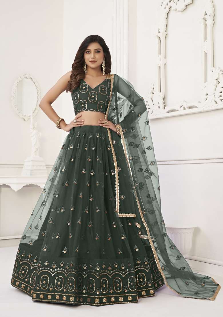 Dark Green Net Lehenga Set with Embroidery for Diwali | Wedding & Festive Wear - Indya