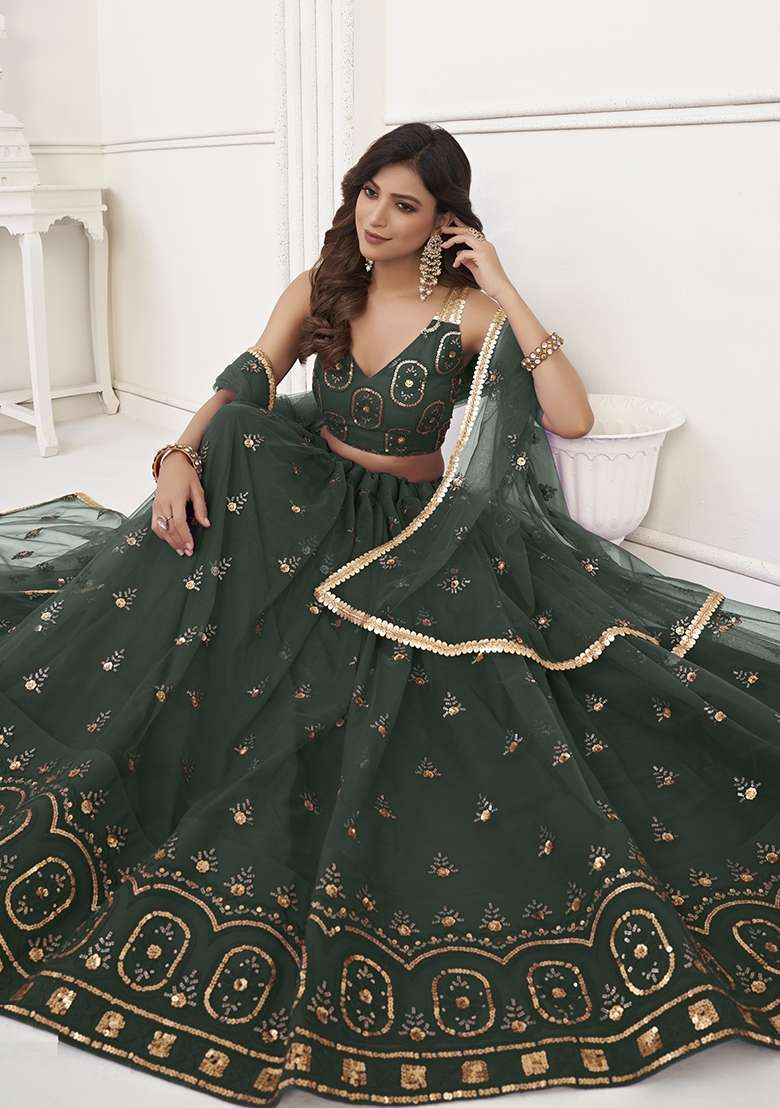 Dark Green Net Lehenga Set with Embroidery for Diwali | Wedding & Festive Wear - Indya