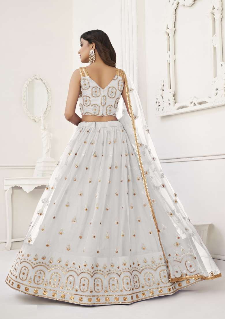 Off White Embroidery Net Lehenga Set for Diwali and Festive Wear - Indya
