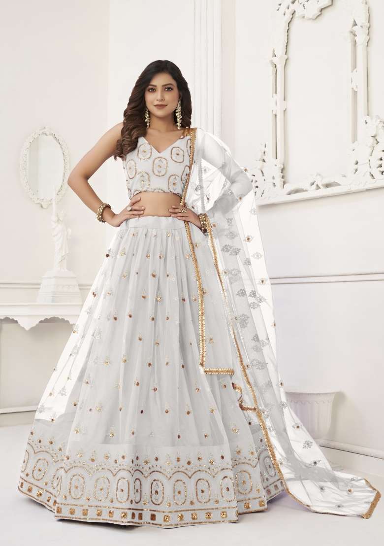 Off White Embroidery Net Lehenga Set for Diwali and Festive Wear - Indya
