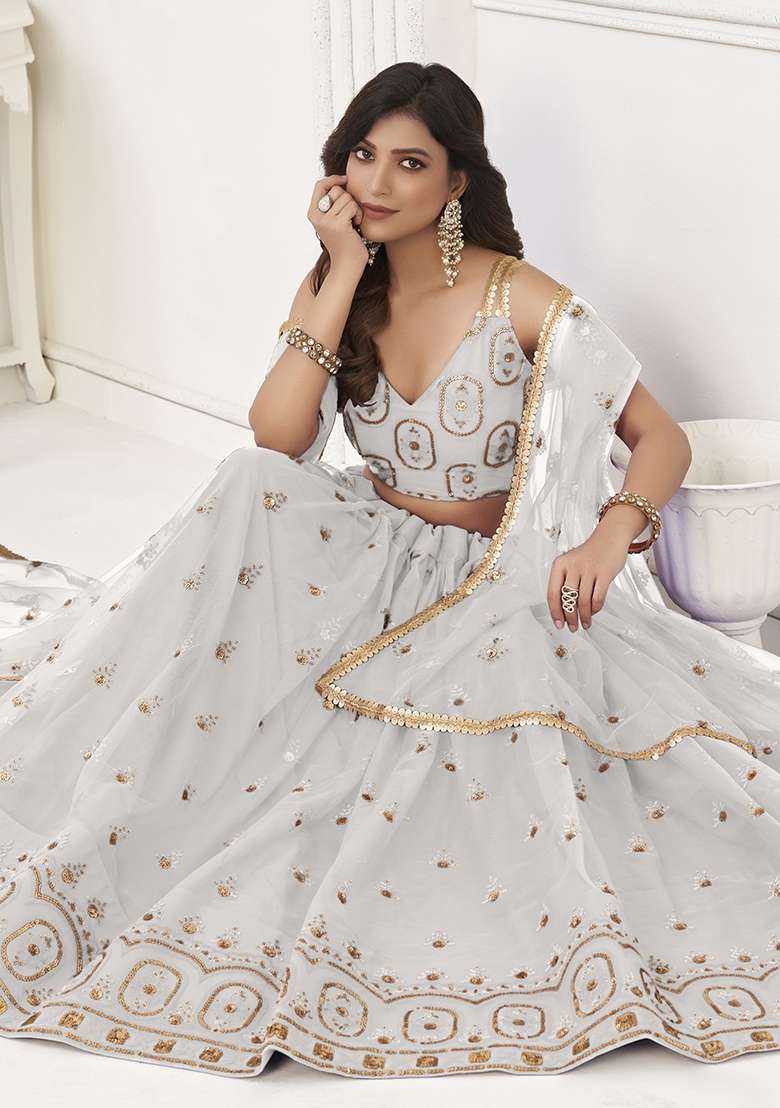 Off White Embroidery Net Lehenga Set for Diwali and Festive Wear - Indya