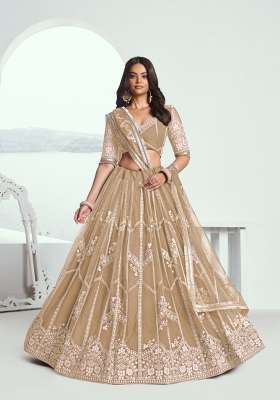 Beige Net Lehenga Set with Embroidery for Diwali | Wedding & Festive Wear
