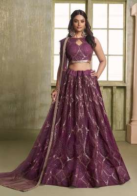 Wine Embroidery Net Lehenga Set for Diwali and Festive Wear