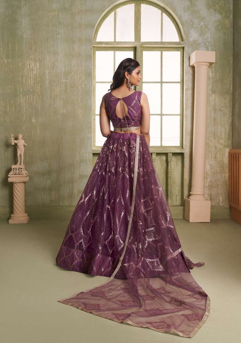 Wine Embroidery Net Lehenga Set for Diwali and Festive Wear - Indya