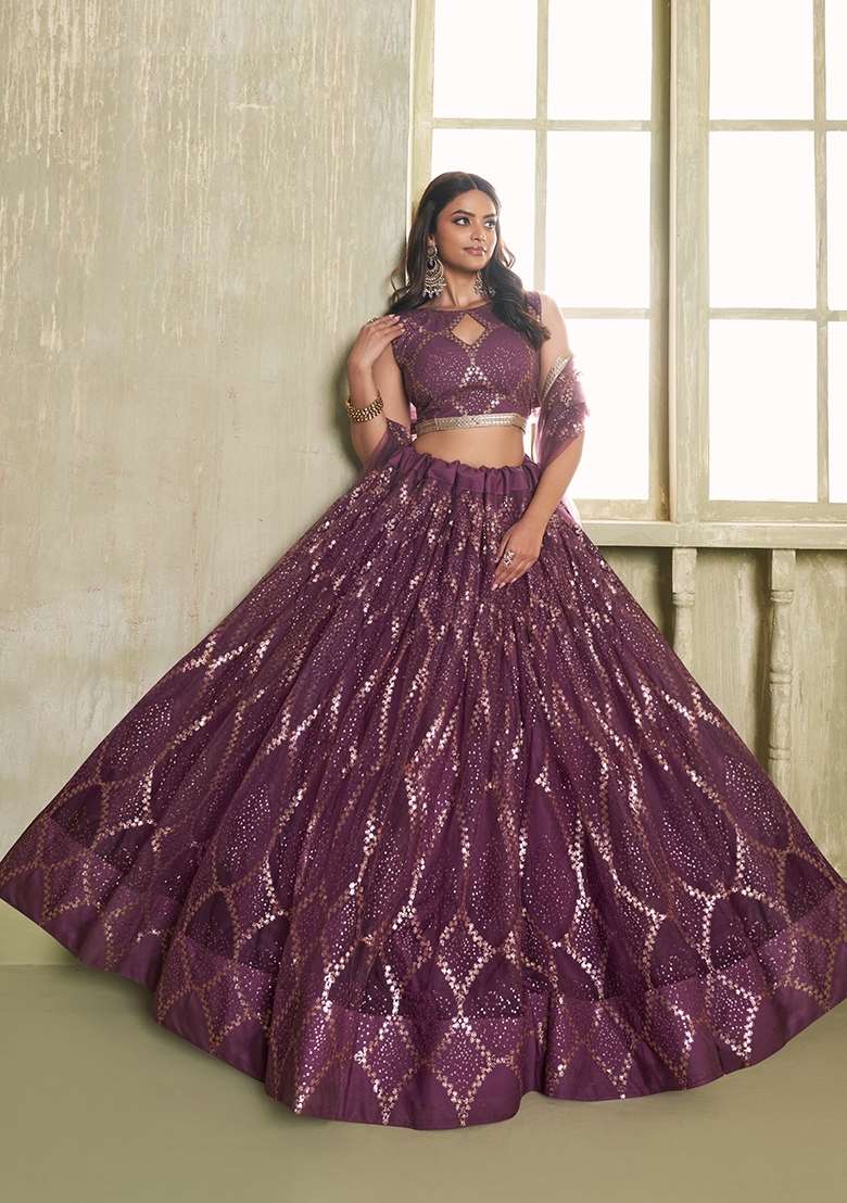 Wine Embroidery Net Lehenga Set for Diwali and Festive Wear - Indya