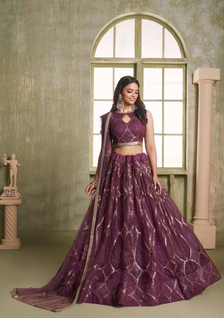 Wine Embroidery Net Lehenga Set for Diwali and Festive Wear - Indya