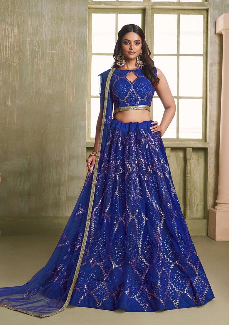 Royal Blue Embroidery Net Lehenga Set for Diwali and Festive Wear - Indya