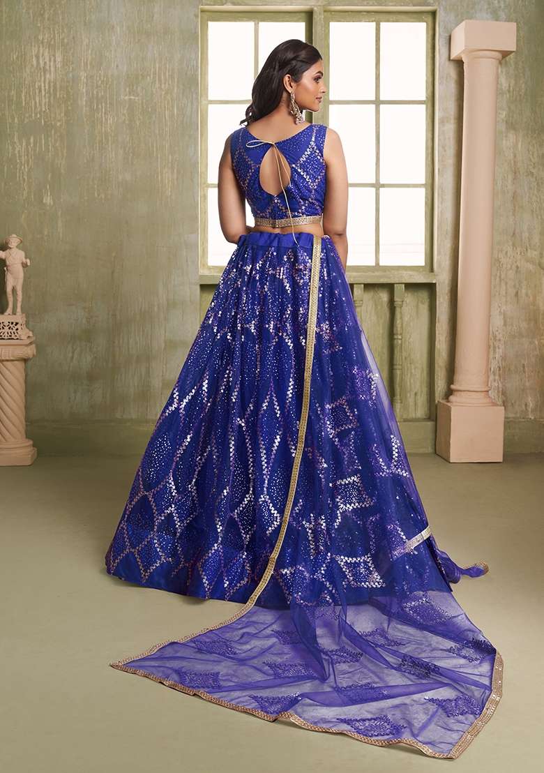 Royal Blue Embroidery Net Lehenga Set for Diwali and Festive Wear - Indya