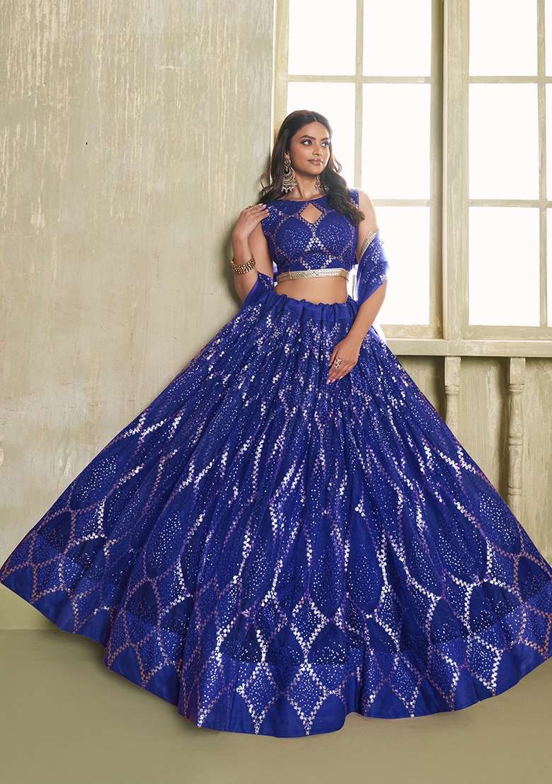 Royal Blue Embroidery Net Lehenga Set for Diwali and Festive Wear - Indya