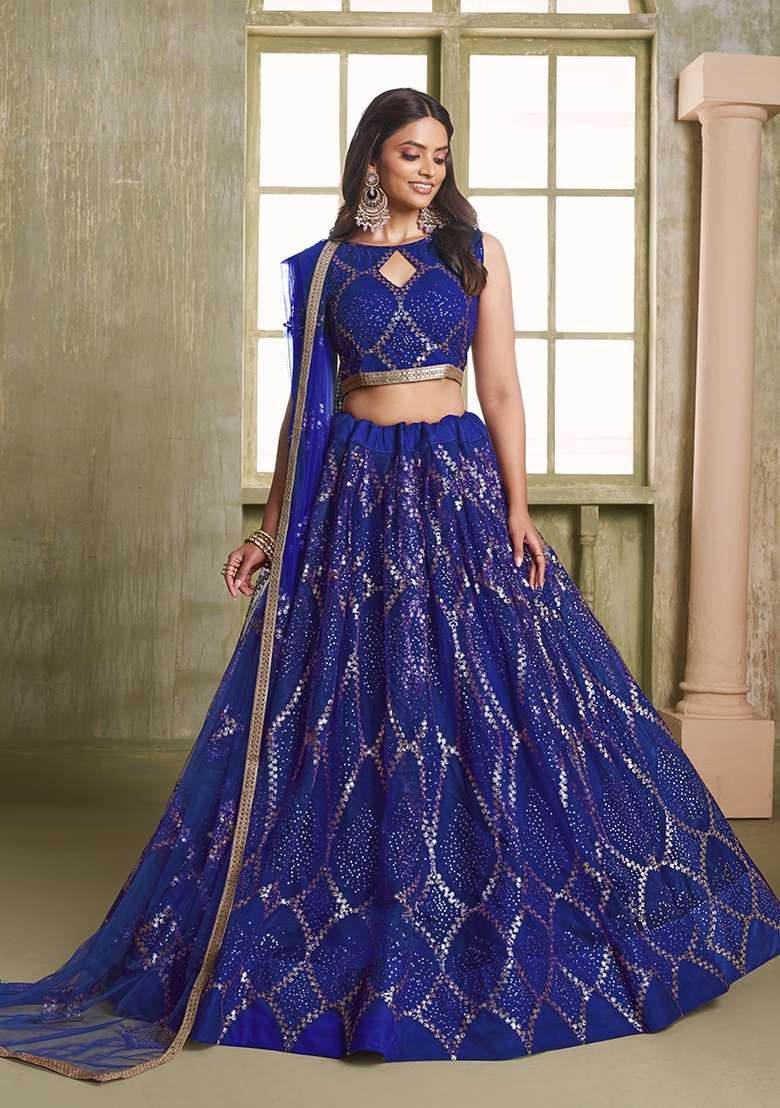 Royal Blue Embroidery Net Lehenga Set for Diwali and Festive Wear - Indya