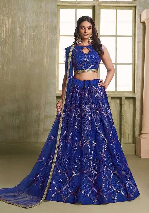 Royal Blue Embroidery Net Lehenga Set for Diwali and Festive Wear