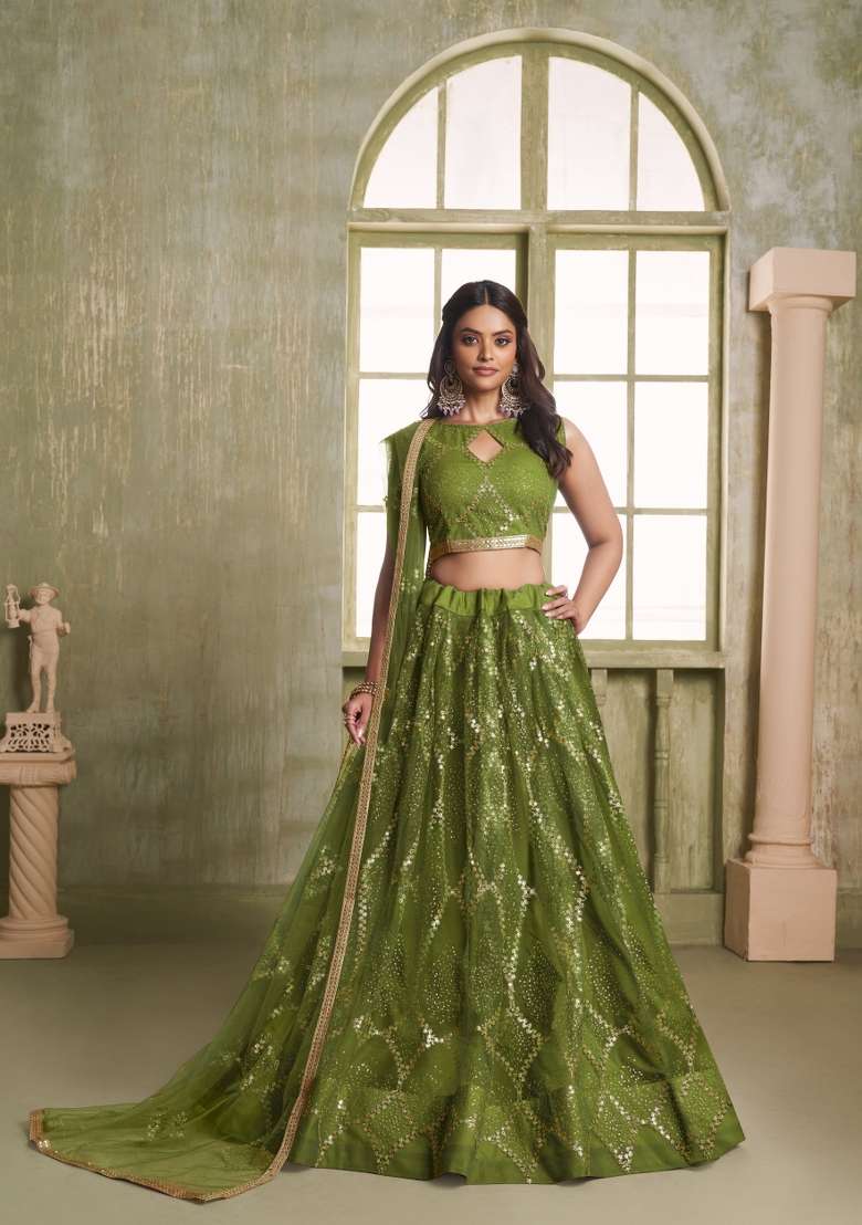Dark Green Net Lehenga Set with Embroidery for Diwali | Wedding & Festive Wear - Indya