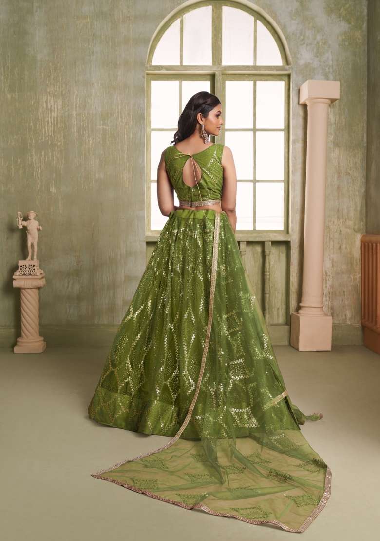 Dark Green Net Lehenga Set with Embroidery for Diwali | Wedding & Festive Wear - Indya
