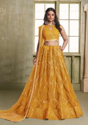 Mustard Net Lehenga Set with Embroidery for Diwali | Wedding & Festive Wear
