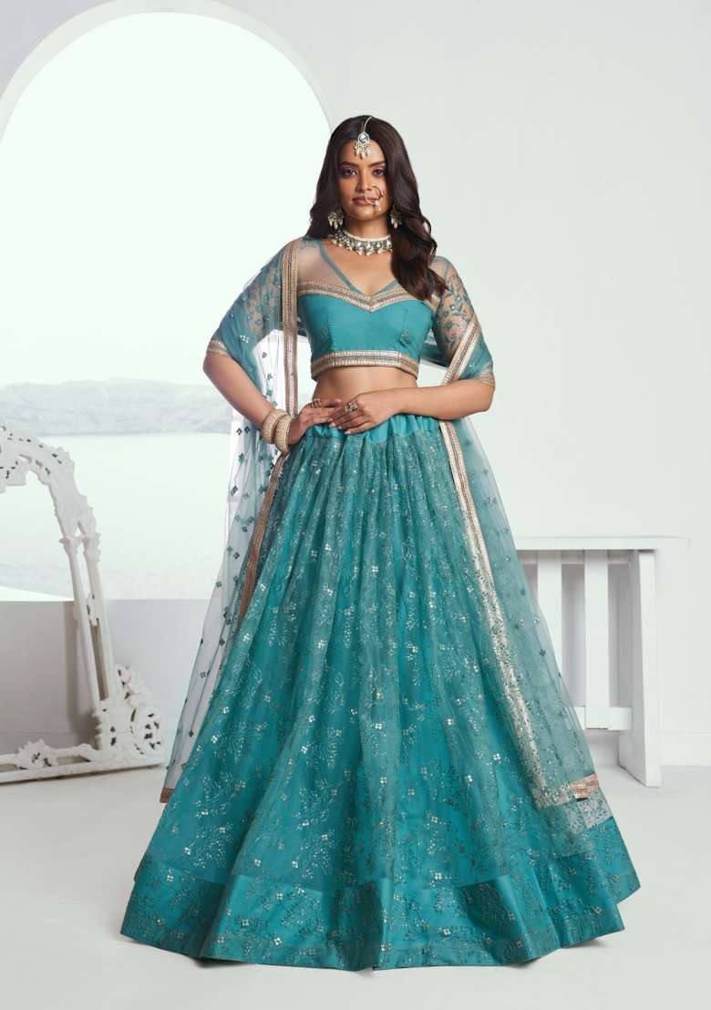 Teal Green Net Lehenga Set with Embroidery for Diwali | Wedding & Festive Wear - Indya