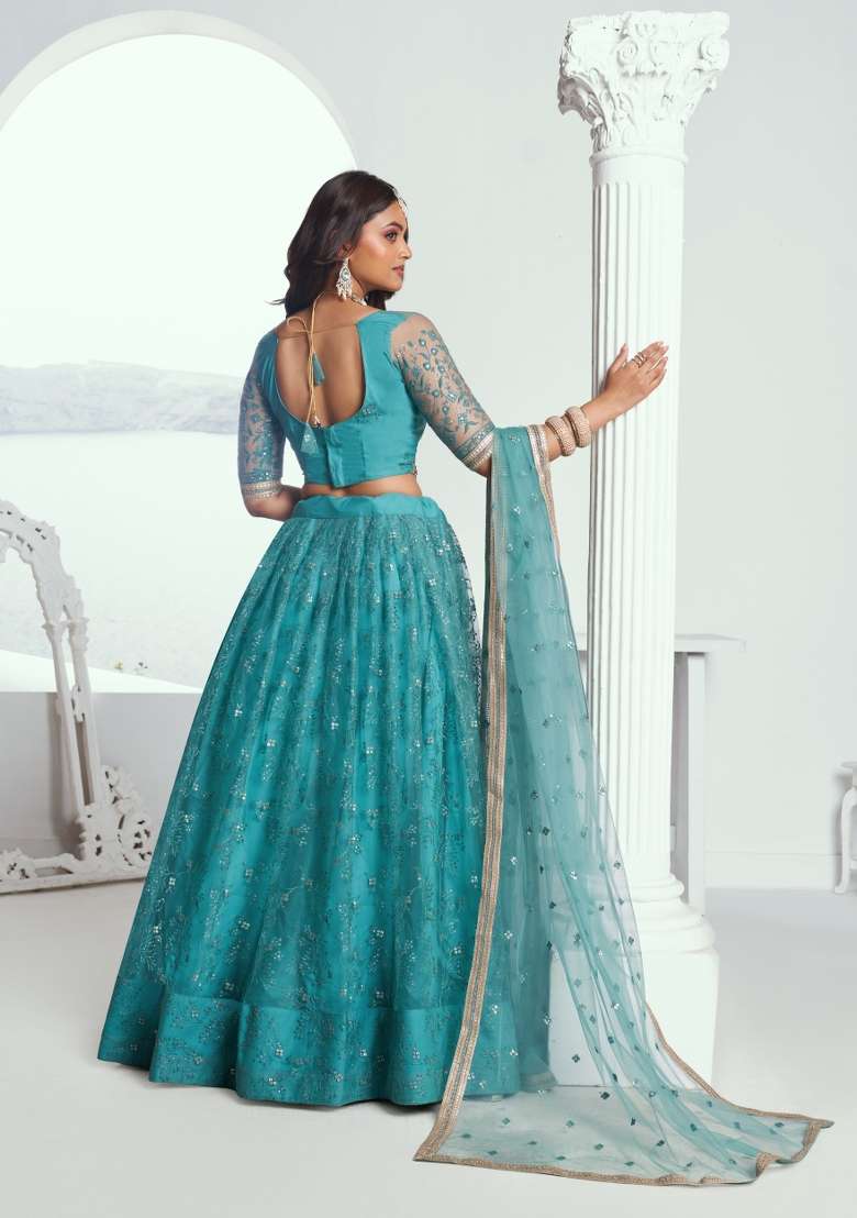 Teal Green Net Lehenga Set with Embroidery for Diwali | Wedding & Festive Wear - Indya