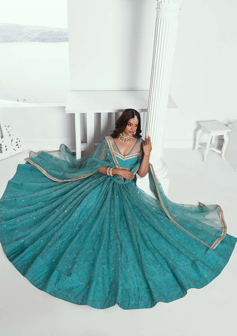 Teal Green Net Lehenga Set with Embroidery for Diwali | Wedding & Festive Wear - Indya