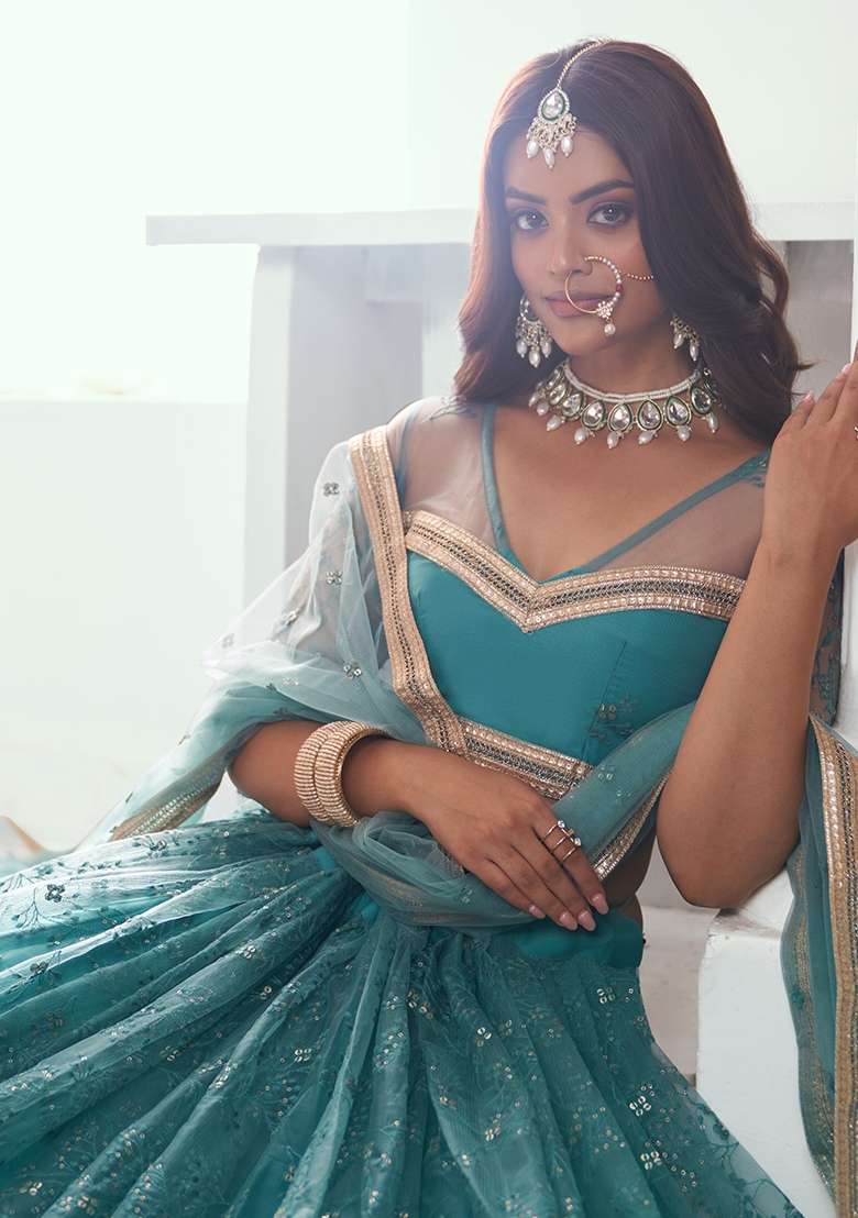 Teal Green Net Lehenga Set with Embroidery for Diwali | Wedding & Festive Wear - Indya