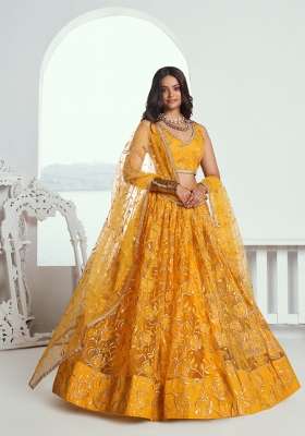 Yellow Net Lehenga Set with Embroidery for Diwali | Wedding & Festive Wear