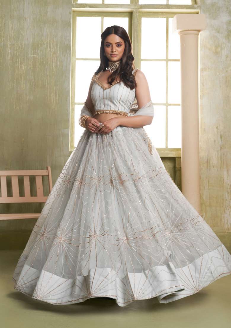 White Net Lehenga Set with Embroidery for Diwali | Wedding & Festive Wear - Indya