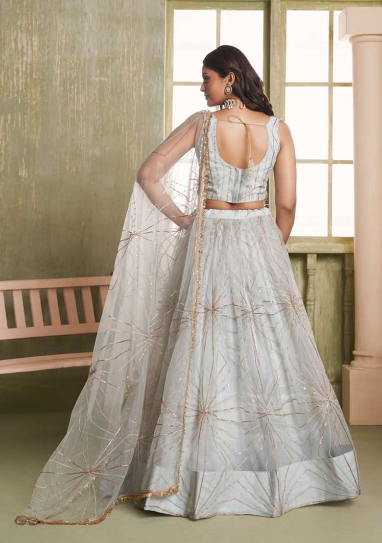 White Net Lehenga Set with Embroidery for Diwali | Wedding & Festive Wear - Indya