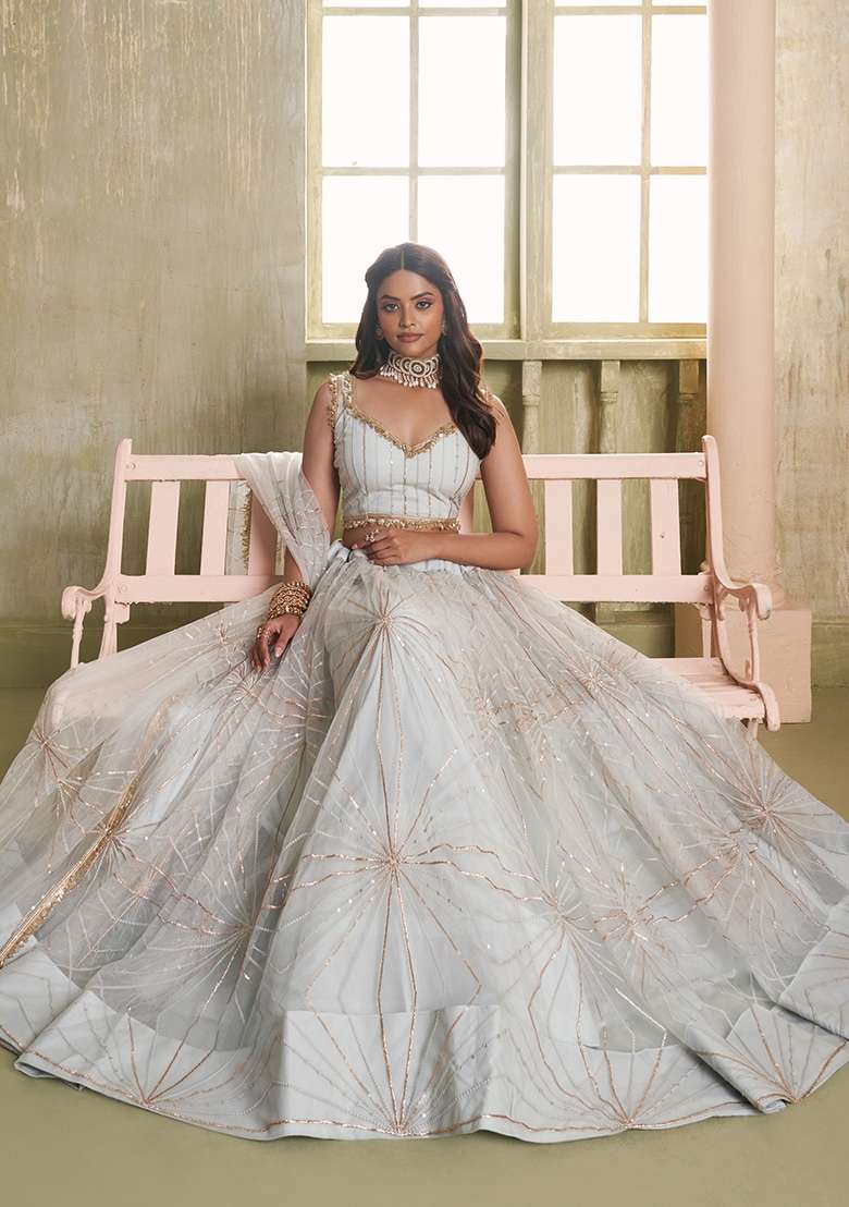 White Net Lehenga Set with Embroidery for Diwali | Wedding & Festive Wear - Indya