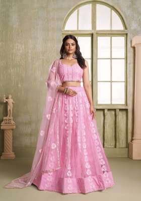 Baby Pink Embroidery Net Lehenga Set for Diwali and Festive Wear