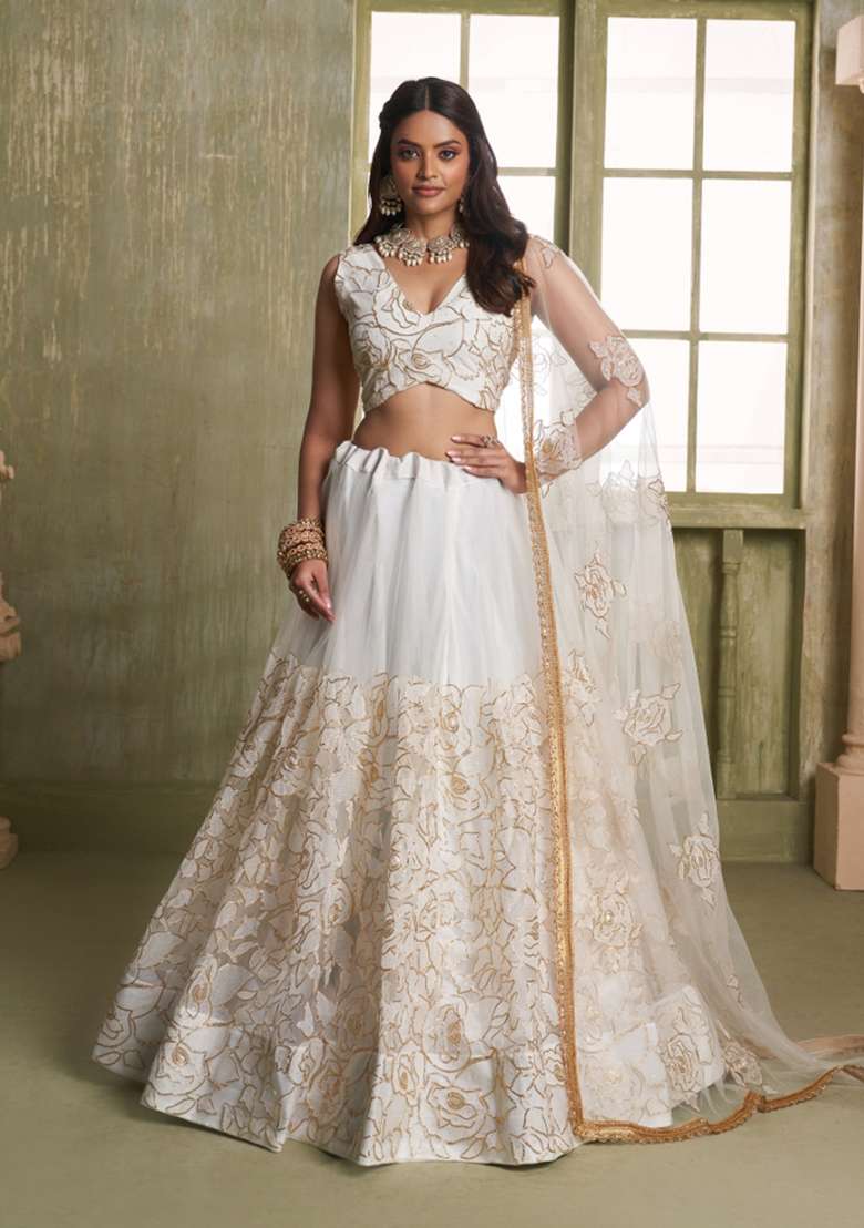White Embroidery Net Lehenga Set for Diwali and Festive Wear - Indya