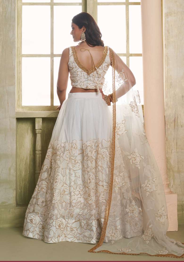 White Embroidery Net Lehenga Set for Diwali and Festive Wear - Indya