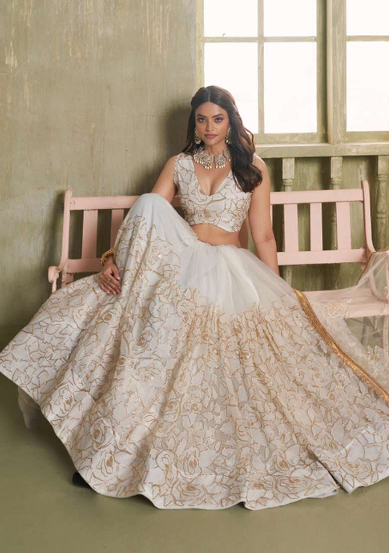White Embroidery Net Lehenga Set for Diwali and Festive Wear - Indya