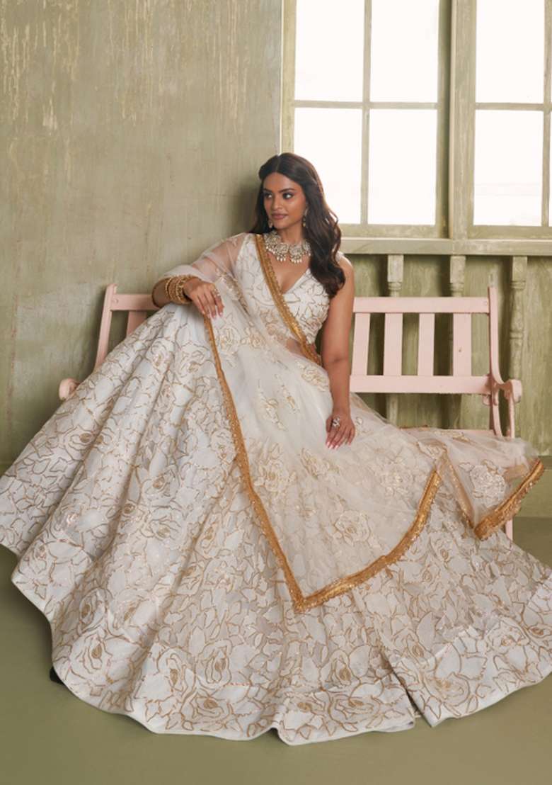 White Embroidery Net Lehenga Set for Diwali and Festive Wear - Indya