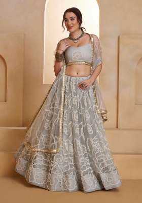Grey Embroidery Net Lehenga Set