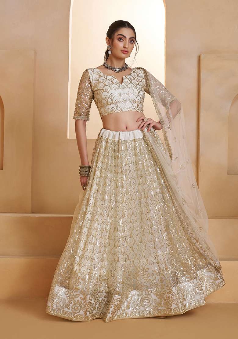 Off White Embroidery Net Lehenga Set - Indya