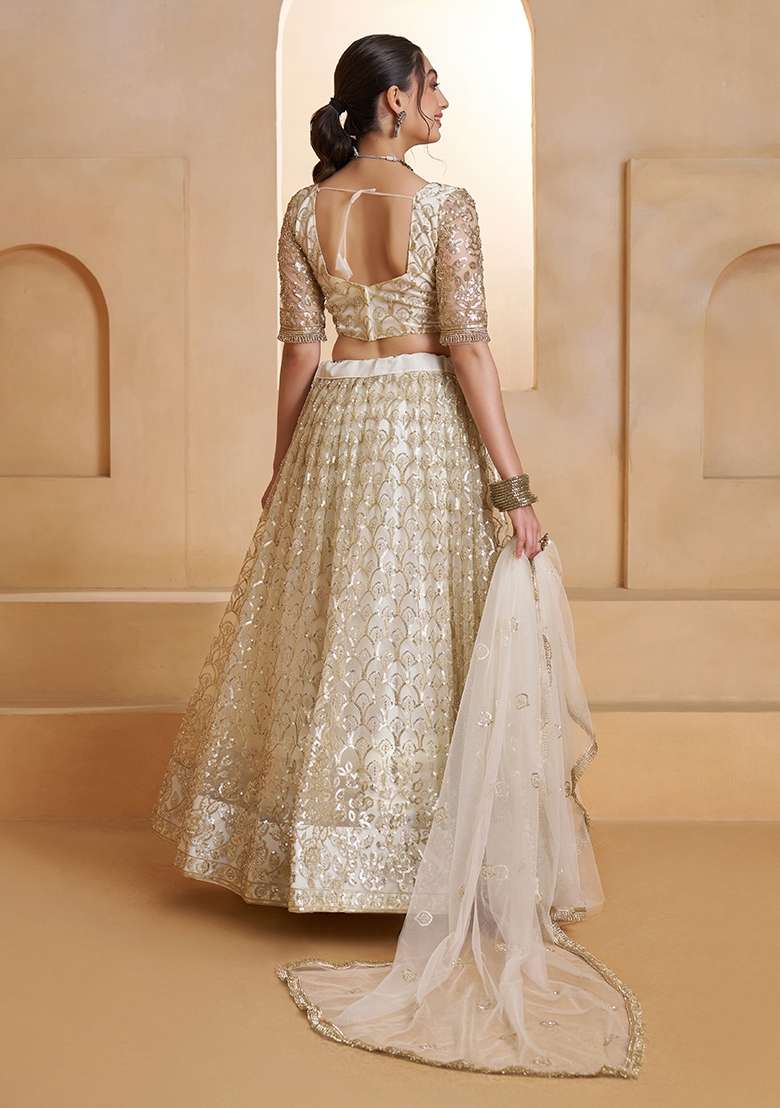Off White Embroidery Net Lehenga Set - Indya